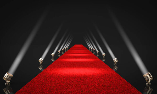 3D изображение входа с красной ковровой дорожкой
