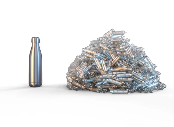 Steel bottle and a group of empty plastic bottles. — 스톡 사진