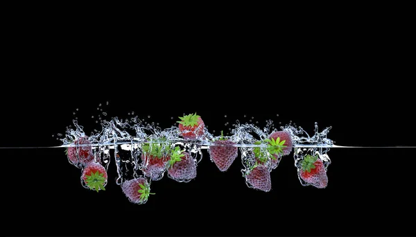 Erdbeeren Fallen Ins Wasser Und Verursachen Spritzer Konzept Der Frische — Stockfoto