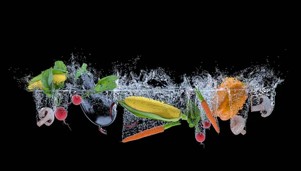 Verdure Diversi Tipi Creano Schizzi Cadendo Acqua Concetto Cibo Sano — Foto Stock