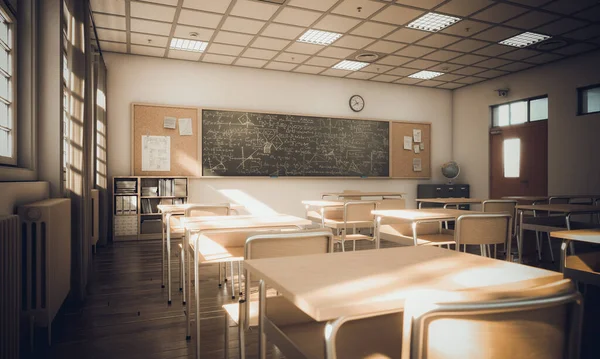 Interior Uma Classe Escola Secundária Luz Janelas Atmosfera Cinematográfica Conceito — Fotografia de Stock