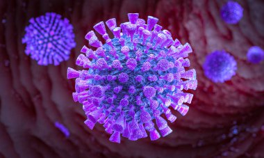 Corona virüsünün ayrıntıları mikroskop altında. 3 boyutlu görüntüleme. Asya ve genel grip ve virüs enfeksiyonu kavramı.