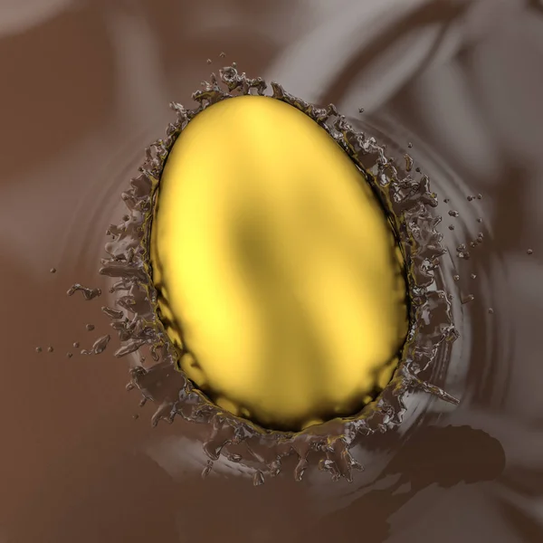 金黄色的蛋掉进巧克力中 产生水花 周围没有人 3D渲染 食物和糖果概念 — 图库照片