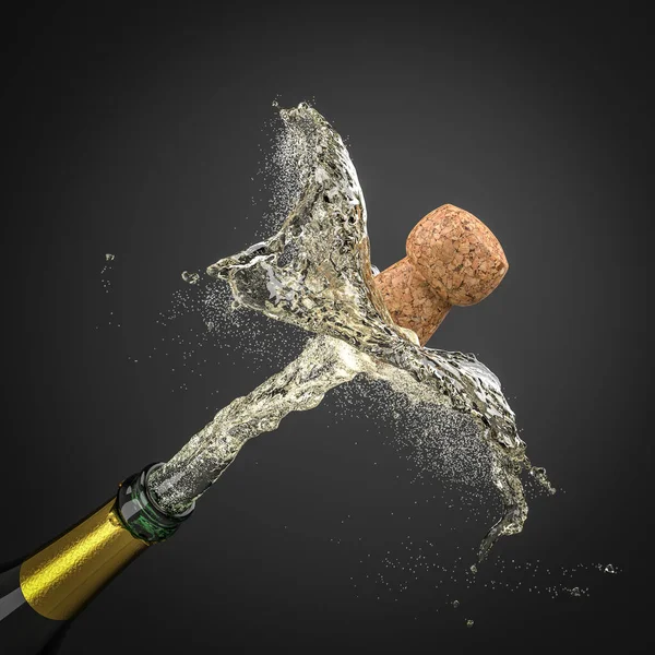 Knallende Korken Einer Champagnerflasche Die Spritzer Auf Schwarz Erzeugt Niemand — Stockfoto