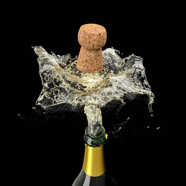 Render Bottle Champagne Uncorked Large Splashes Wine Black Background Horizontal — Stock fotografie