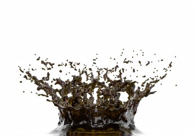 Sıçrama, beyaz arka planda kahve ya da kola benzeri bir sıvı patlaması. İçki ve hareket konsepti. Etrafta kimse yok. 3d hazırlayıcı.
