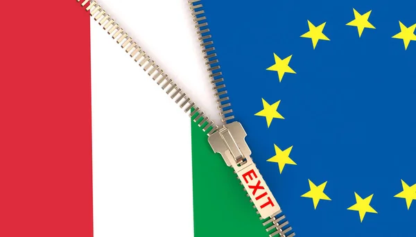 それらを一緒に保持するZipを開くことによって イタリアとヨーロッパのフラグを分離します 欧州と欧州の分離と危機という概念です イタリア出口 3Dレンダリング — ストック写真