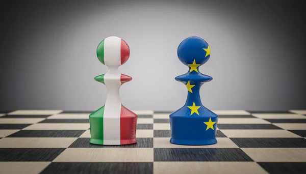 国际象棋棋子上有意大利和欧洲国旗 挑战和冲突的概念 分开意大利出口 欧洲经济和政治危机 3D渲染 — 图库照片
