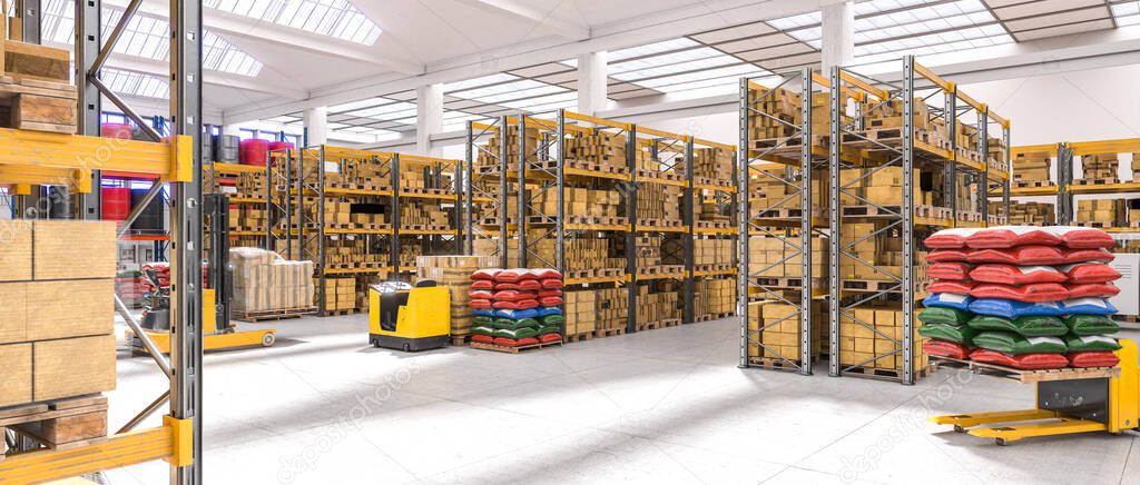 interior of a very bright industrial warehouse with ceiling windows, shelves full of goods and means for moving the pallets. 3d render.