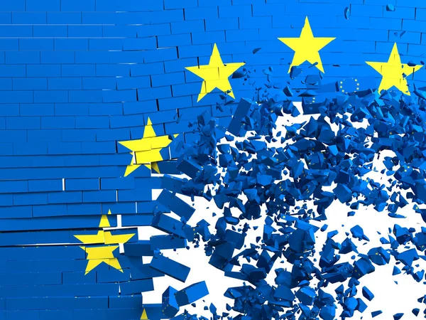 带有欧洲国旗的砖墙被摧毁 并形成一个洞和一个碎片爆炸 欧洲货币联盟破产的概念 3D渲染 — 图库照片