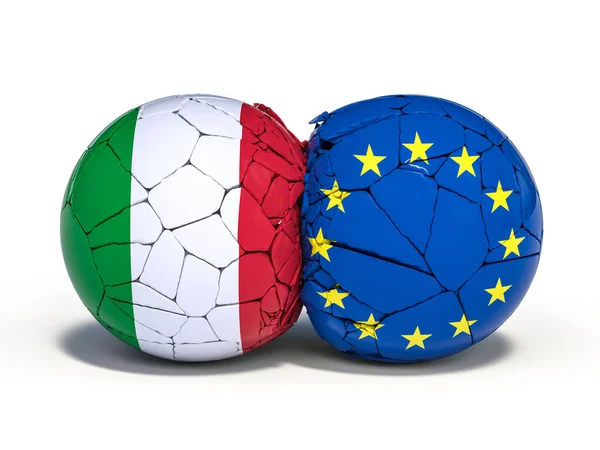 球与意大利和欧洲的国旗碰撞和打破 欧洲货币联盟内部的危机概念 斜体出口 3D渲染 — 图库照片