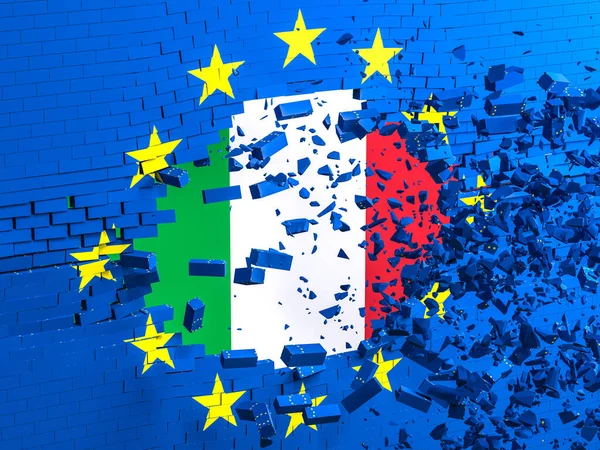 Brick Wall European Flag Destroyed Forms Hole Italian Flag Explosion — Stock Photo, Image