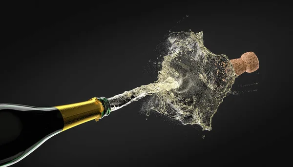 Detalj Kork Flaska Champagne Stänk Vin Och Bubblor Återgivning Firande — Stockfoto