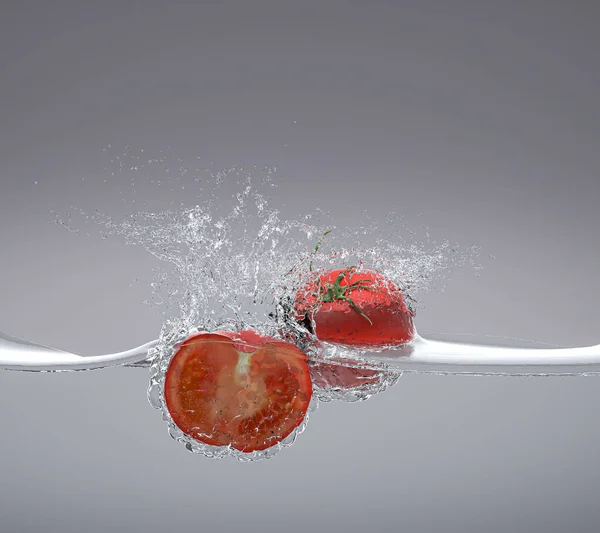 トマトは周りに振りかけることで水に落ちます 新鮮な自然食品の概念です 3Dレンダリング 誰もいない — ストック写真