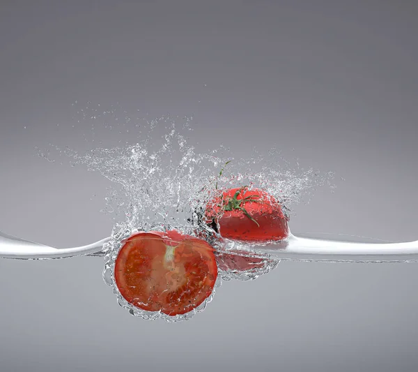 Tomates Caem Água Polvilhando Redor Conceito Alimentos Frescos Naturais Renderização — Fotografia de Stock