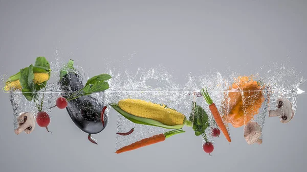 fruits and vegetables that fall into the water and create splashes. concept of healthy, nutritious and fresh food. health and diet. 3d render, nobody around.