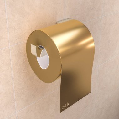 3D bir rulo altın renkli tuvalet kağıdı görüntüsü. Coronavirüs zamanında küçük şeylerin değeri kavramı.