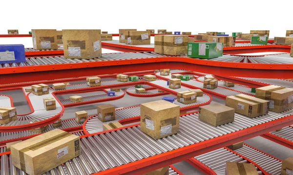 Industrielle Förderrollen Mit Unterschiedlichen Paketen Verschiedenen Größen Darstellung Industrie Logistik — Stockfoto