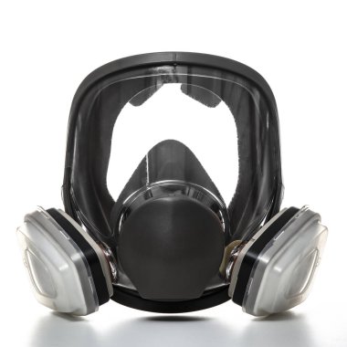 Filtreli koruyucu maske, geniş görüşlü profesyonel koruma. Kimyasal ve bakteriyolojik etkenlere karşı koruma, korona virüsü, sarlar, covid. Sağlık ve önleme kavramı.