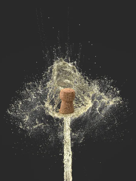 シャンパン1本のコルク栓の爆発の詳細 暗い背景にワインを振りかける お祝いやパーティーや休日のコンセプトです 3Dレンダリング画像 誰もいない — ストック写真