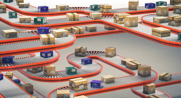 输送机滚筒网络的详细资料 其中有包裹在仓库内进行分类 3D渲染 — 图库照片