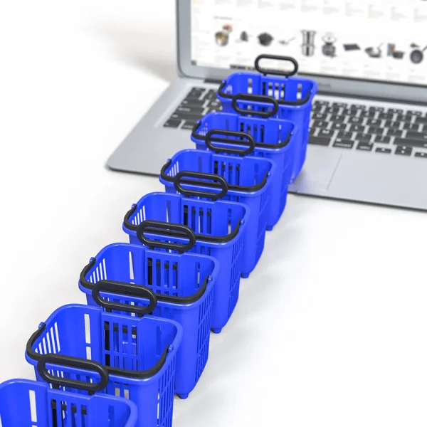 排队等候 购物车篮食物推车在笔记本电脑键盘上 网上购物的概念 3D渲染 周围没有人 — 图库照片
