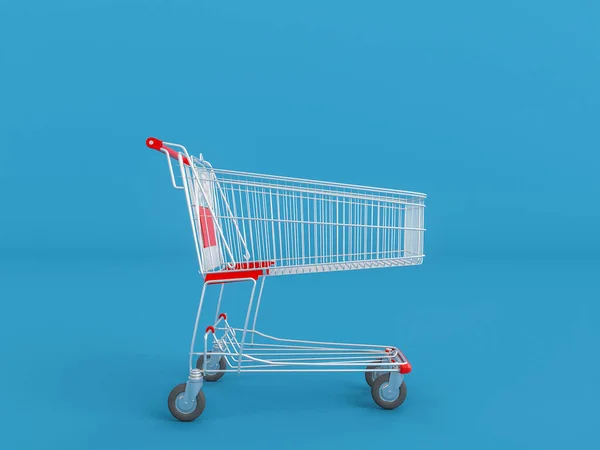 浅蓝色背景的购物车 3D简约主义 购物及购物概念 — 图库照片