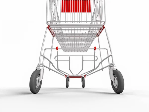 白い背景にショッピングカートの一人称視点 誰もいない3Dレンダリング 電子商取引とオンラインショッピングの概念 — ストック写真