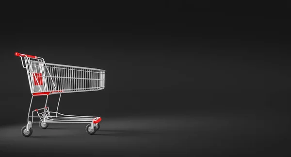 黑色背景的金属购物车 3D渲染 购物及电子商贸概念 — 图库照片