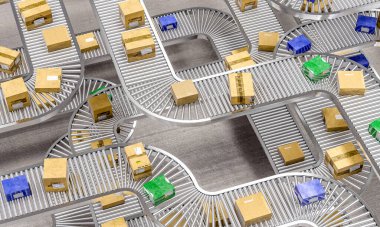 Değişik paket türleri taşıyan taşıyıcı silindirler. Otomasyon ve lojistik konsepti. Nakliye ve imalat endüstrisi. 3d hazırlayıcı.