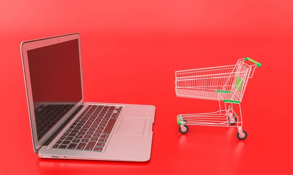 赤い背景のノートパソコンの前のショッピングカート オンラインショッピング 電子商取引の概念 3Dレンダリング 誰もいない — ストック写真