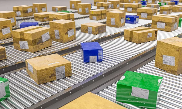 Förderrollen Die Verschiedene Arten Von Verpackungen Bewegen Automatisierungs Und Logistikkonzept — Stockfoto