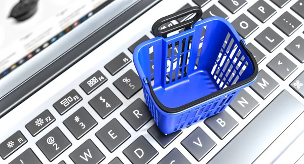 shopping basket of blue color on a keyboard of a laptop, concept of e-commerce and online shopping. 3d render nobody around.