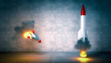 İki roket fırlatılıyor ama biri fırlatılamıyor. Başarı konsepti, rekabet, yetenek ve şans. 3 boyutlu görüntüleme. Etrafta kimse yok..