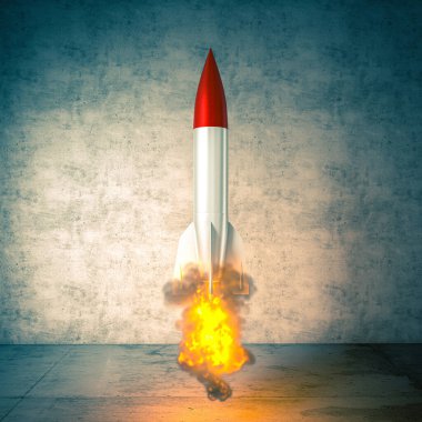 Klasik kırmızı uçlu, alevler ve dumanlı beyaz roket sinekleri. aktarım arkaplanı. 3d hazırlayıcı