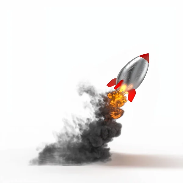 Винтажная Металлическая Ракета Взлетает Большим Количеством Дыма Пламени Поле Зрения — стоковое фото