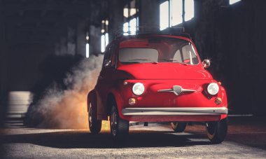 Eski bir garajda klasik kırmızı italyan araba, arkadan duman ve alevler. 3 boyutlu görüntüleme. Etrafta kimse yok. seçici odak