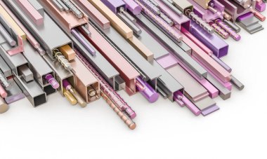 Farklı tip ve bölümlerin metal profilleri. Kutsanmış farklı renkler. çelik ve alüminyum. 3 boyutlu görüntüleme. Etrafta kimse yok..