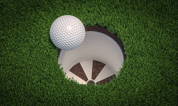 Golf Topu Deliğe Düşmek Üzere Spor Zafer Konsepti Boyutlu Görüntüleme — Stok fotoğraf