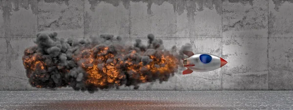 煙の炎とヴィンテージ漫画スタイルのスペースシャトル 具体的な背景 3Dレンダリング 成功に挑戦するというコンセプトです 誰もいません — ストック写真