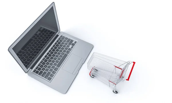 笔记本键盘上的购物车 网上购物的概念 3D渲染 周围没有人 — 图库照片