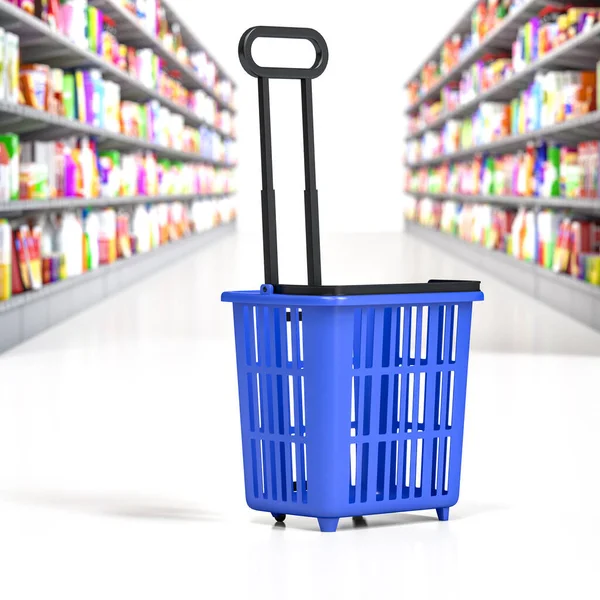 Süpermarketin Içinde Beyaz Arka Planda Bir Alışveriş Sepeti Boyutlu Görüntüleme — Stok fotoğraf