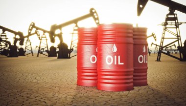 Çöl yağı ve metal variller için tahliye pompaları, etrafta kimse yok. Petrol endüstrisi ve enerji kaynakları kavramı. 3d hazırlayıcı.