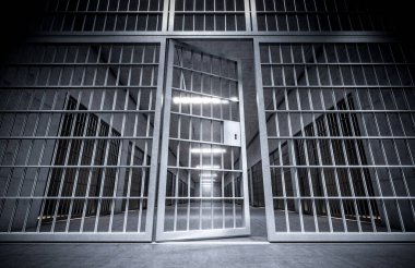 corridor of a prison with bars and open cell door. 3d render. concept of retention, crisis, loneliness, consequences. Crime. clipart