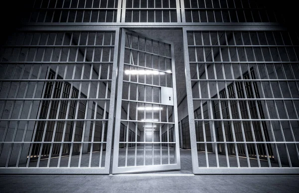 Couloir Une Prison Avec Des Bars Une Porte Cellule Ouverte — Photo