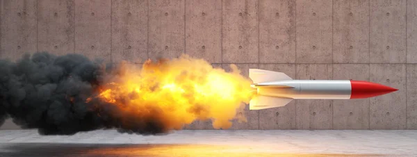 Rocket Flames Smoke Concrete Background Render Concept Starting Innovation Speed — Stock Photo, Image