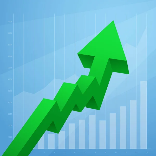 Gráfico de flecha verde se eleva hacia arriba aislado sobre fondo blanco — Vector de stock