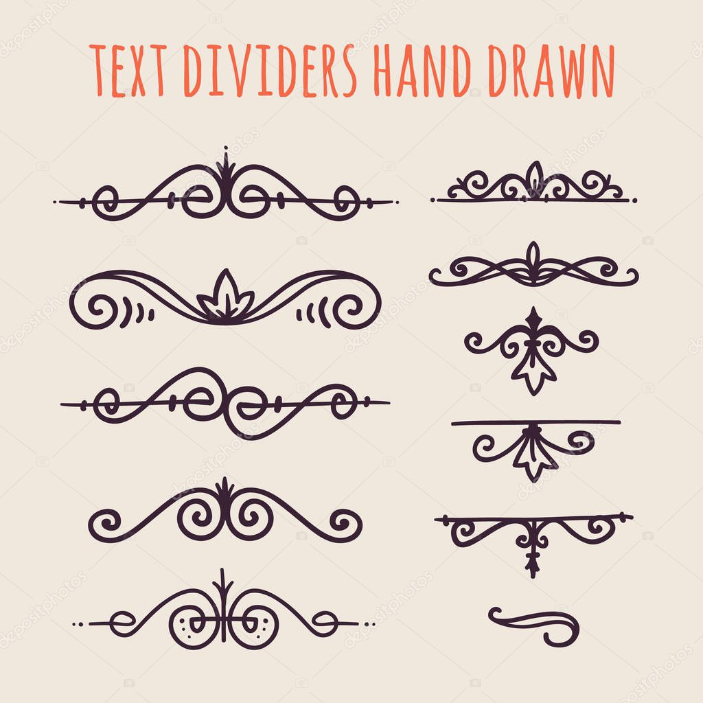Set of hand drawn text dividers isolated on light background