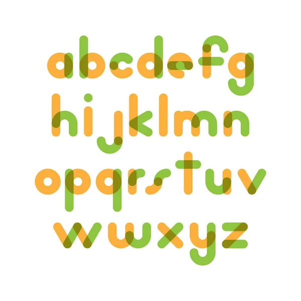 Egymást átfedő, színes, lekerekített lapos betűtípus. Vektoros betűk althabet — Stock Vector