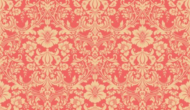 Vektör sorunsuz damask deseni. Kırmızı ve sarı görüntü. Zengin süsleme, duvar kağıtları için eski Damascus tarzı desen Tekstil, Scrapbooking vb.